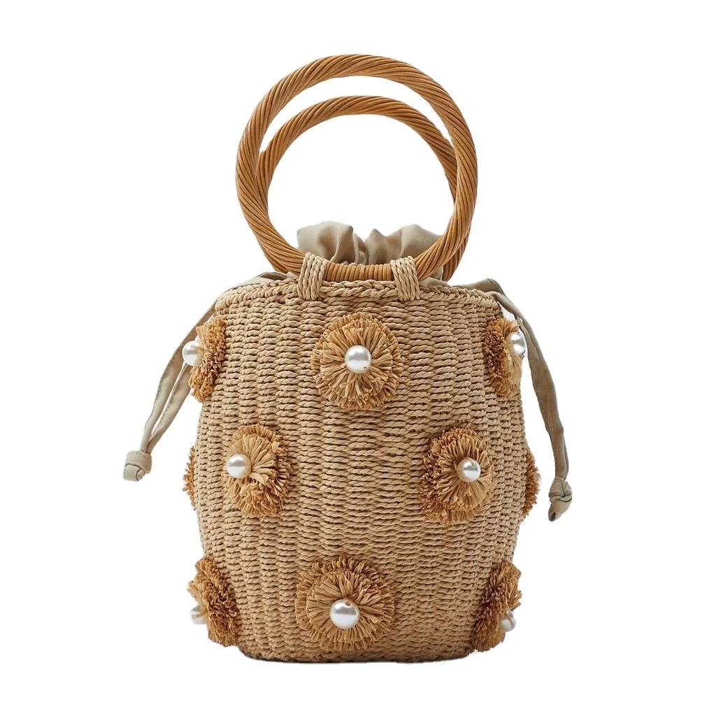 New design Bucket bag hand woven paper straw raffia bag summer woman bag round bucket tote