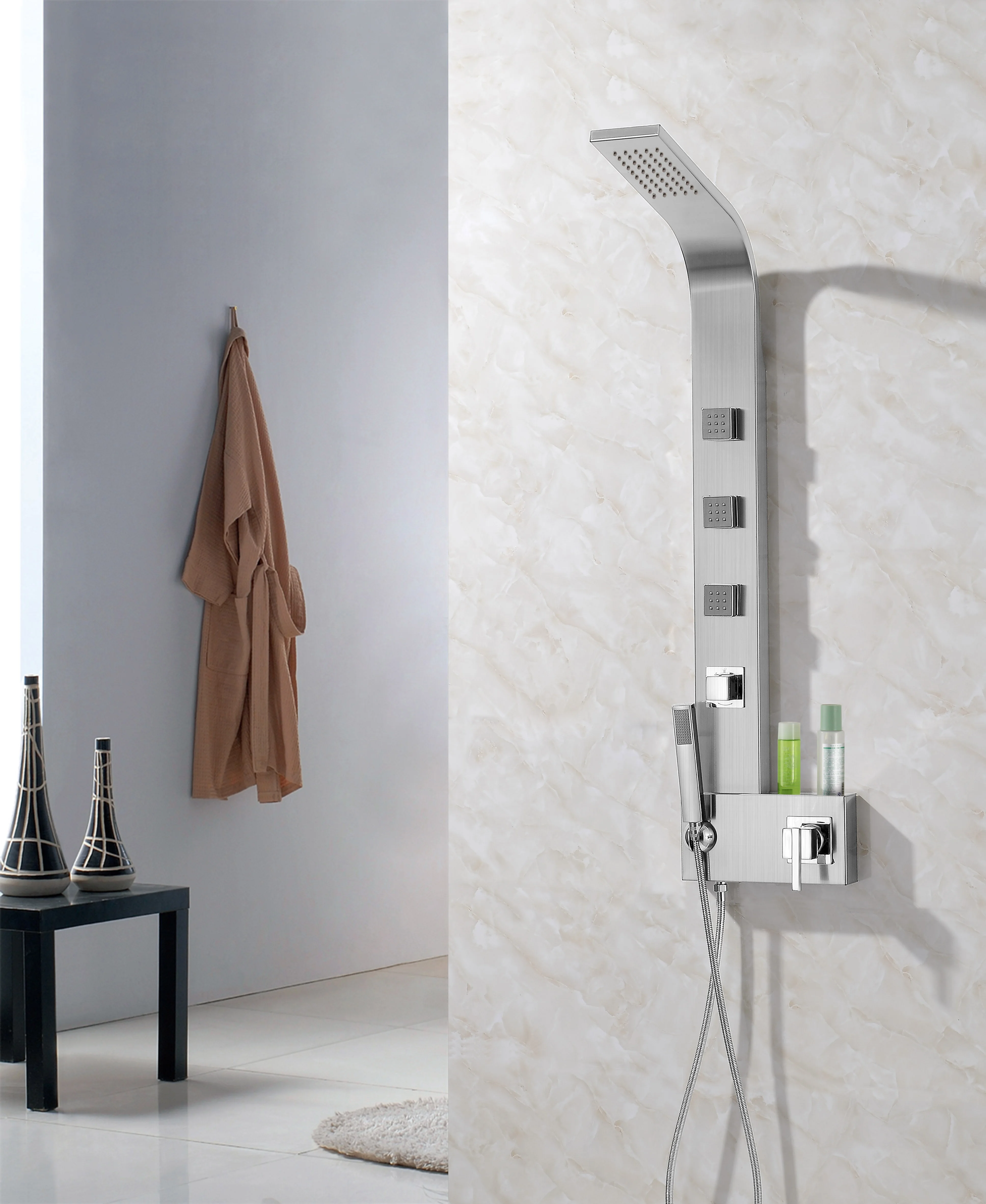 China Factory High Quality Anti Fingerprint Wire Drawing Rainshower Contains Four Thermostatic Shower Set Wall-Mounted System