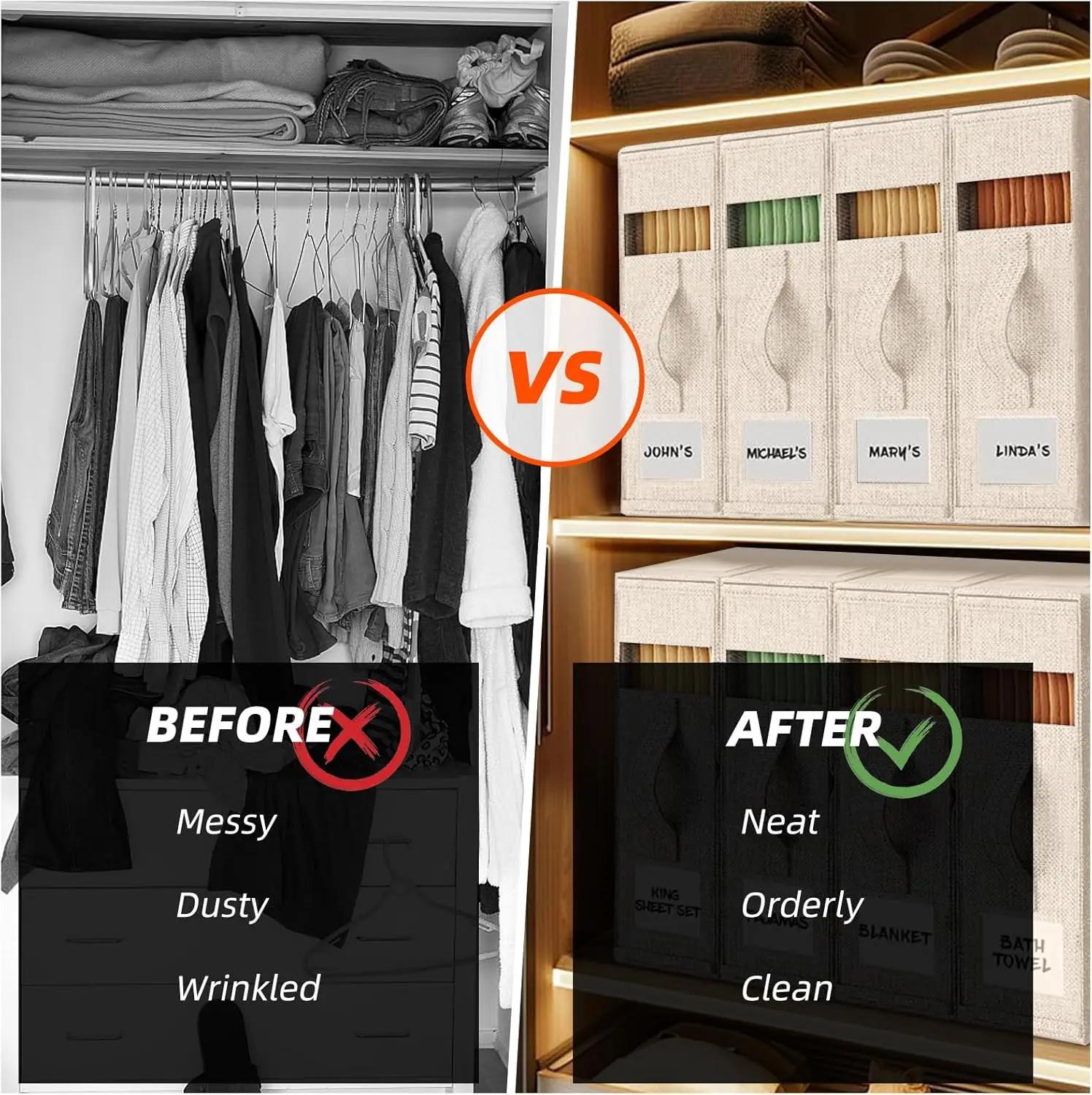 4 Pack Bed Sheet Organizer  Foldable  Organizer Linen Storage Box for  with 2Windows (Queen & King Size) linen Sheets Organizer