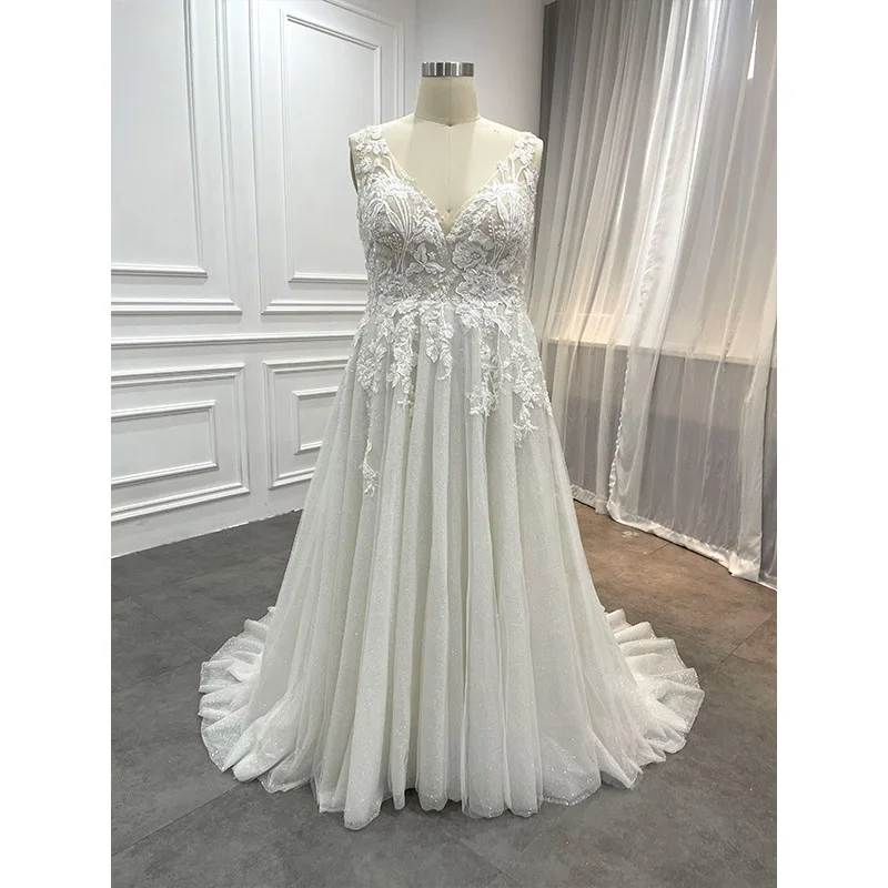 Plus Size Wedding Dresses V Neck Boho Beach Vestidos De Novia Sparkly Beaded A Line Wedding Dress Bridal Gown Applique