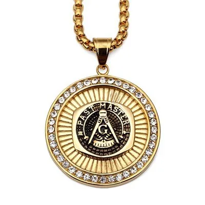 Men Stainless Steel 18K Gold Plated Crystal Masonic Eye Oval Shaped Free Mason Signet Pendant Necklace Jewelry