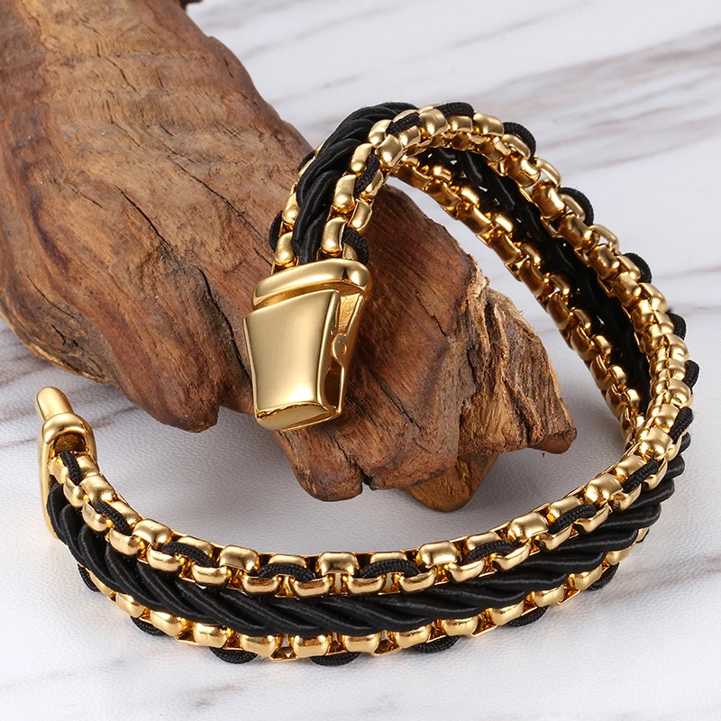 KALEN Fashion Gold Plating Stainless Steel Charm Bangle Leather Bracelet For Men KB76206-BD