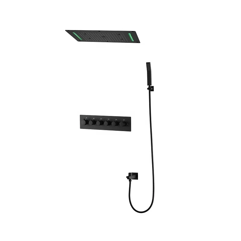 Bathroom Luxury Multi-function LED Large Size 380*700 mm Shower Head Matte Black Thermostatic Embedded Ceiling Shower Faucet Set
