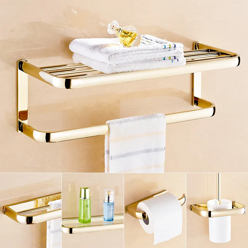 Durable Brass Bath Towel Bar Polished Gold Bathroom Towel Rack Set