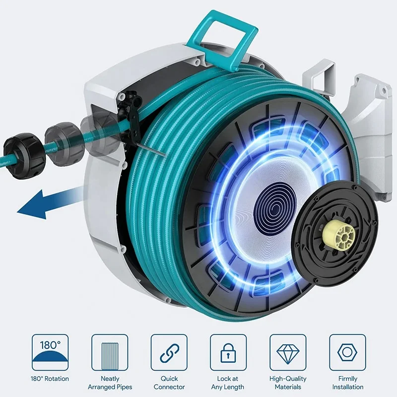 Any Length Lock Roll-up Automatic Slow Return System 180 degree wivel Bracket 3/4 inch Wall Mounted Retractable Garden Hose-Reel