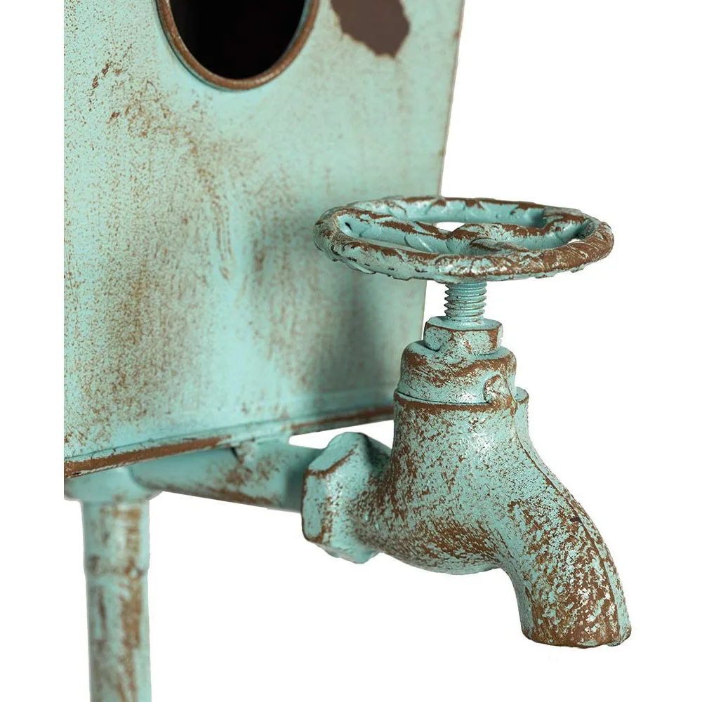 Bird House Stake with Pole for Outside Reclaimed Cast Iron Faucet with Butterfly Distressed Country Garden Metal Stake Decor