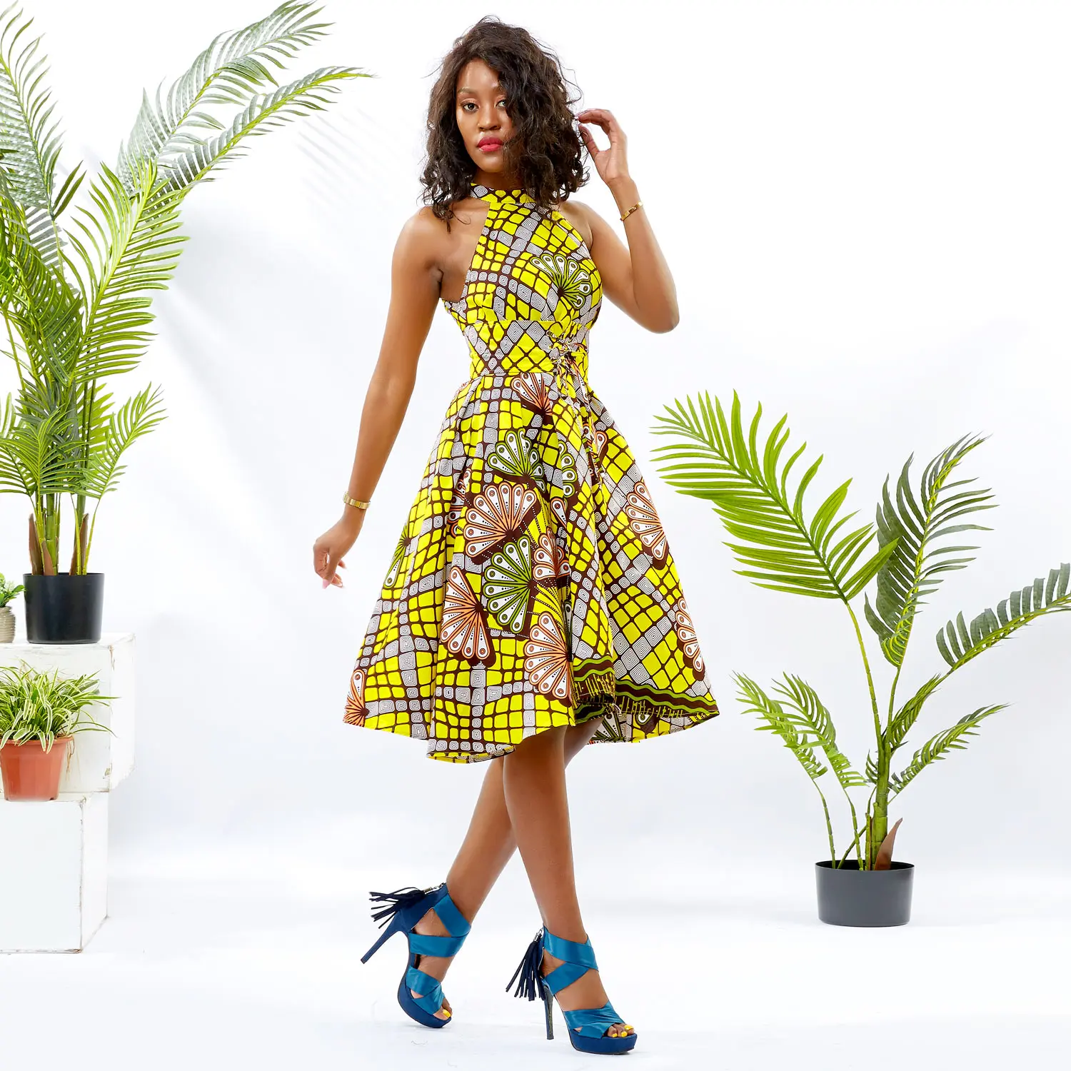 Лидер продаж, оптовая продажа, повседневное ТРАПЕЦИЕВИДНОЕ мини-платье в африканском стиле с высокой талией, платье принцессы для девочек