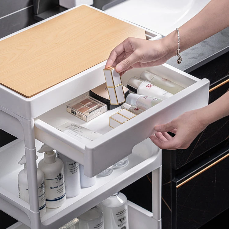 Bathroom beauty salon trolley multifunctional with drawers wooden lid tools snack storage cabinet kitchen shelf