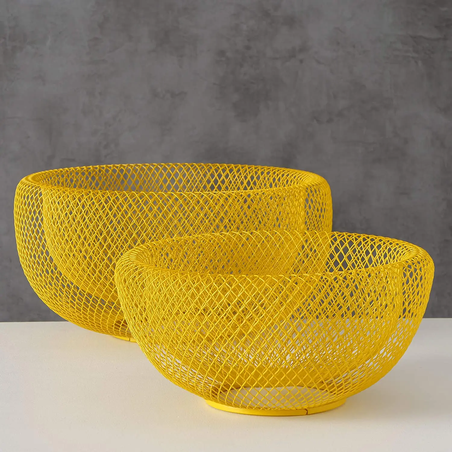 Double Wall Construction Modern Yellow Metal Wire Mesh Fruit Bowl Set