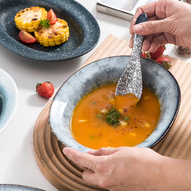 Retro Minimalism Style Dinnerware Set Round Porcelain Blue Marbling Tableware Plates Dish Set Ceramic Dinner Plate