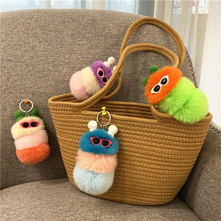 Fancy Caterpillar Keychain Rabbit Fur Caterpillar pom Pom animal Key chains with Sunglasses and Winter Knit Hat stuffed toy
