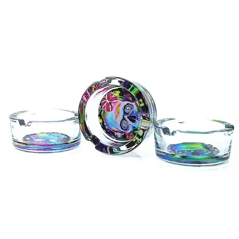 2024 Wholesale Glass Round Ashtray Household Office Cartoon Pattern Glass Ashtray Customized Logo Cigar Ashtrays