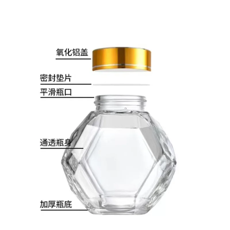 High quality 100ML 180ML 220ML 280ML 380ML Hexagon Glass Honey Storage Bottle Jar With Wooden Stick and black metal lid