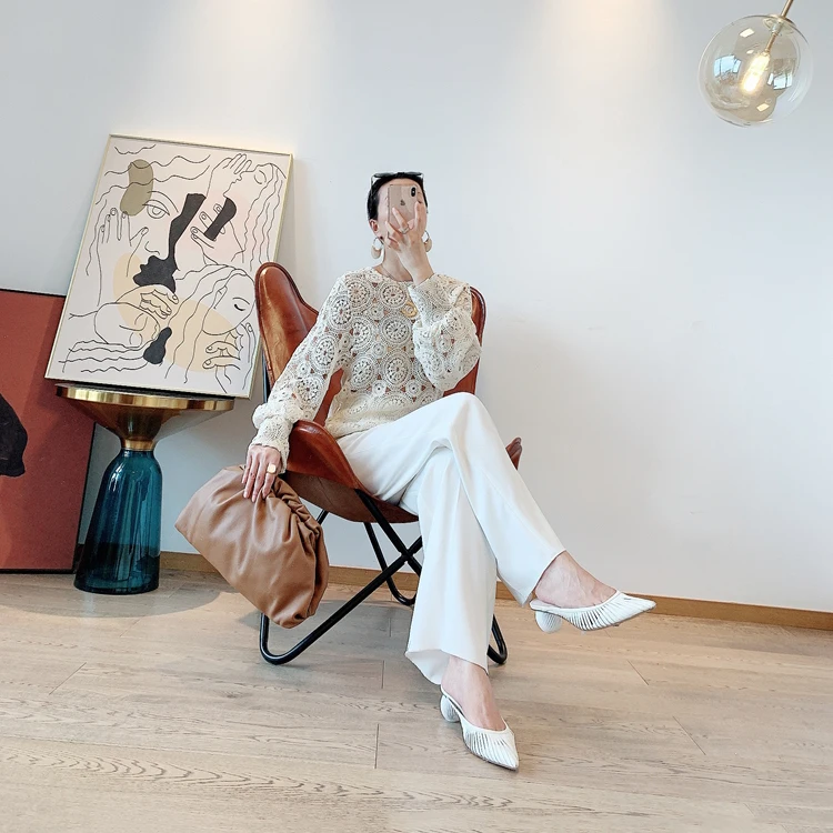 
Palace Lantern Sleeve Summer Spring Female Embroidery Flower Woven Hollow Out Lace Top Sweater Dress 