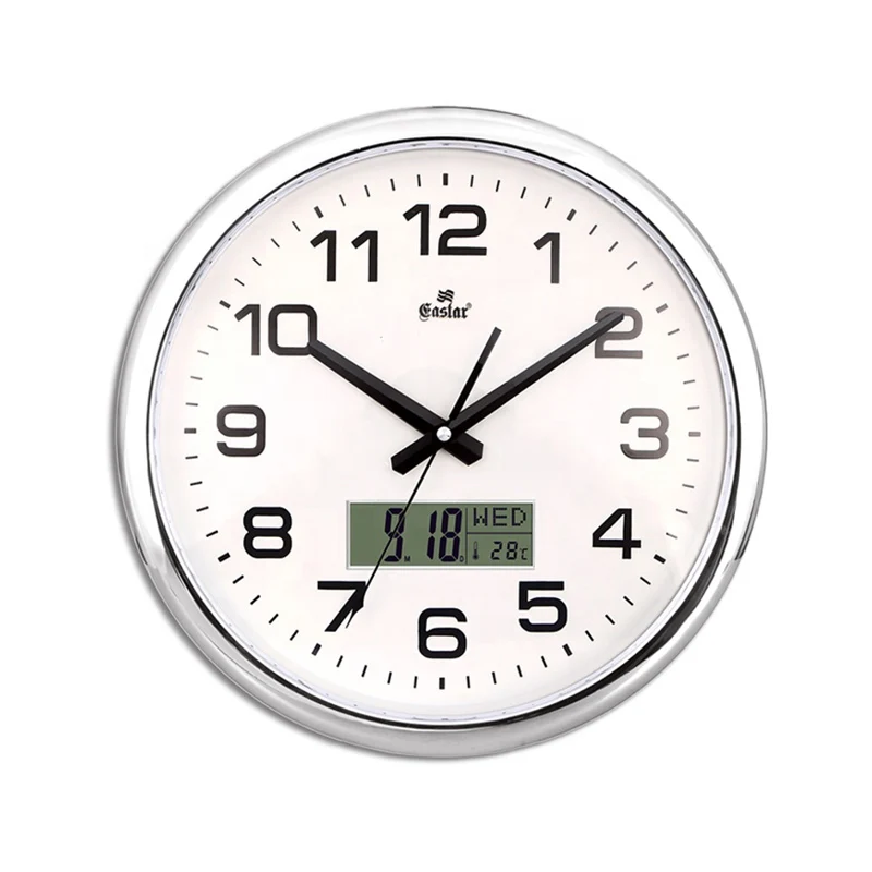 
Factory direct sales exquisite electroplated round metal like wood with thermometer calendar display wall clock 