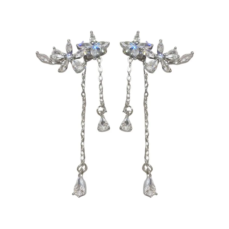 Silver needle super flash full zircon flower fringe earrings ins wind delicate light luxury temperament high se