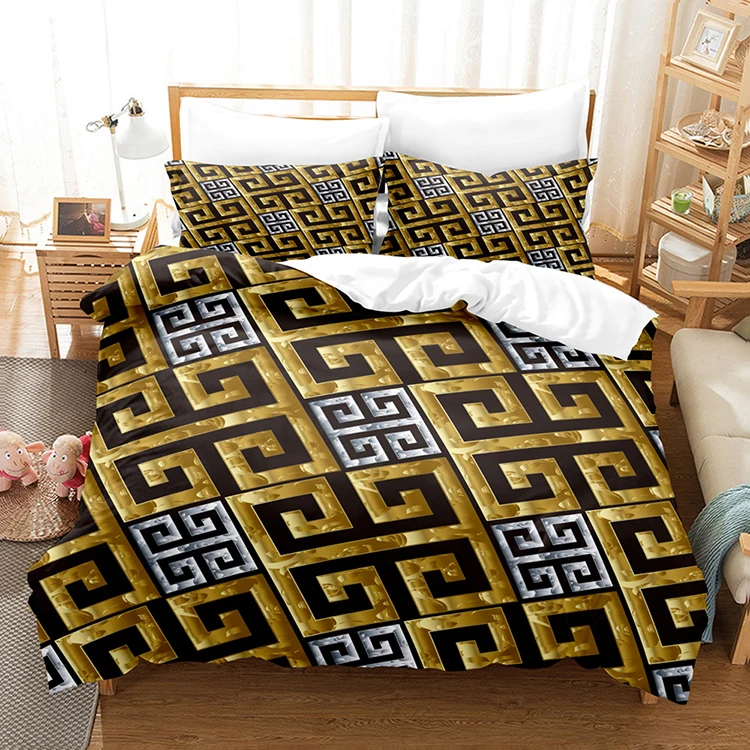 Greek Key Geometric King Size Modern Luxury Summer 3 Pieces Bedding Comforter Sets