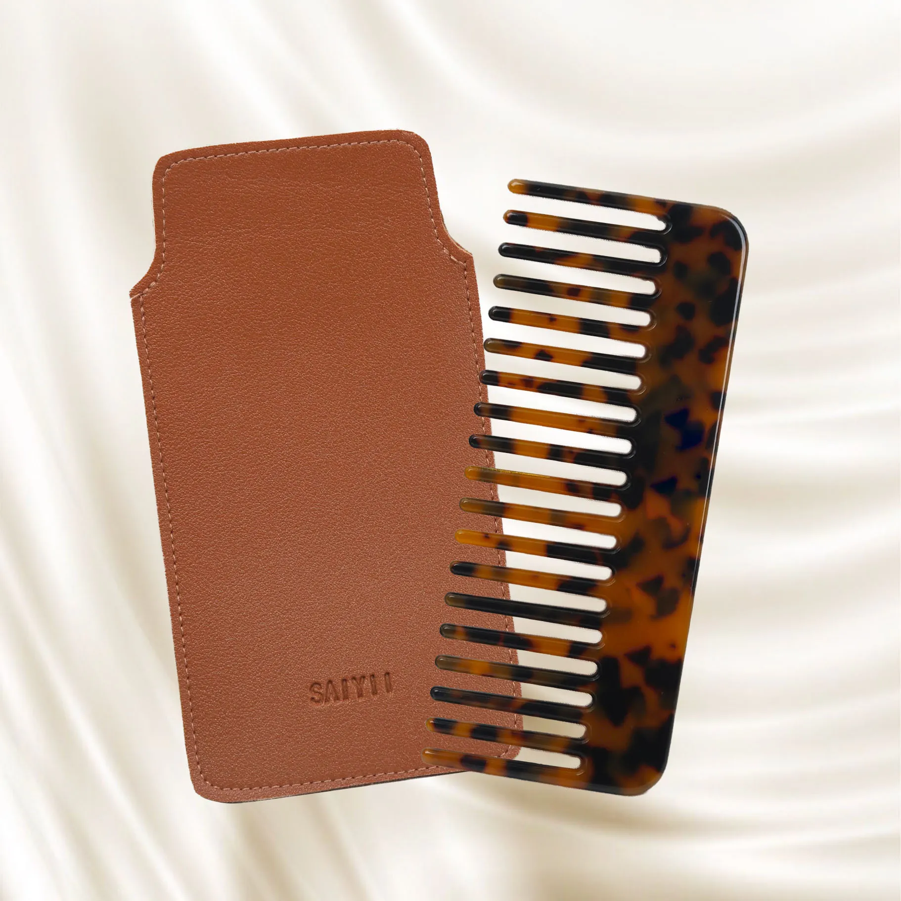 SAIYII Custom Logo 4mm Thickness Cellulose Acetate Hair Comb Wide Tooth Anti Static Acetate Women Hair Comb With Pouch
