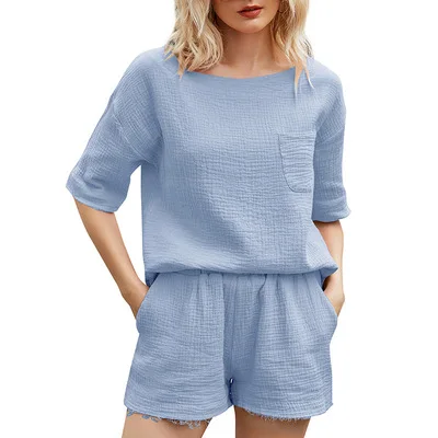 Summer fashionable home set women 2 piece set ladies cotton linen outfit with pocket for lady short sleeve and short pant