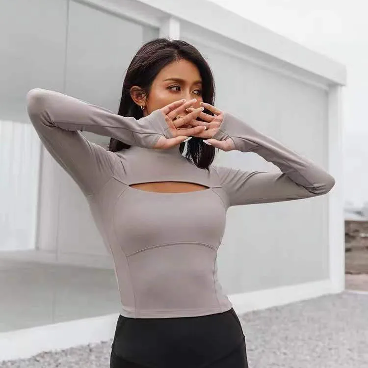 Tight Fitting Hollow Elastic Tank Top Large Size Long Sleeve Sports Fitness Tank Top Women