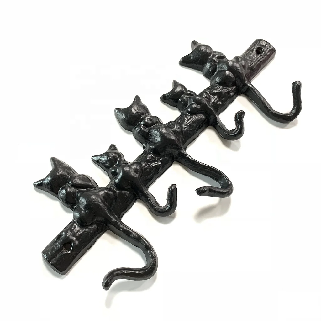 Animal Home Decorative Hanger Black Cat Metal Cast Iron Wall Mounted Hooks
