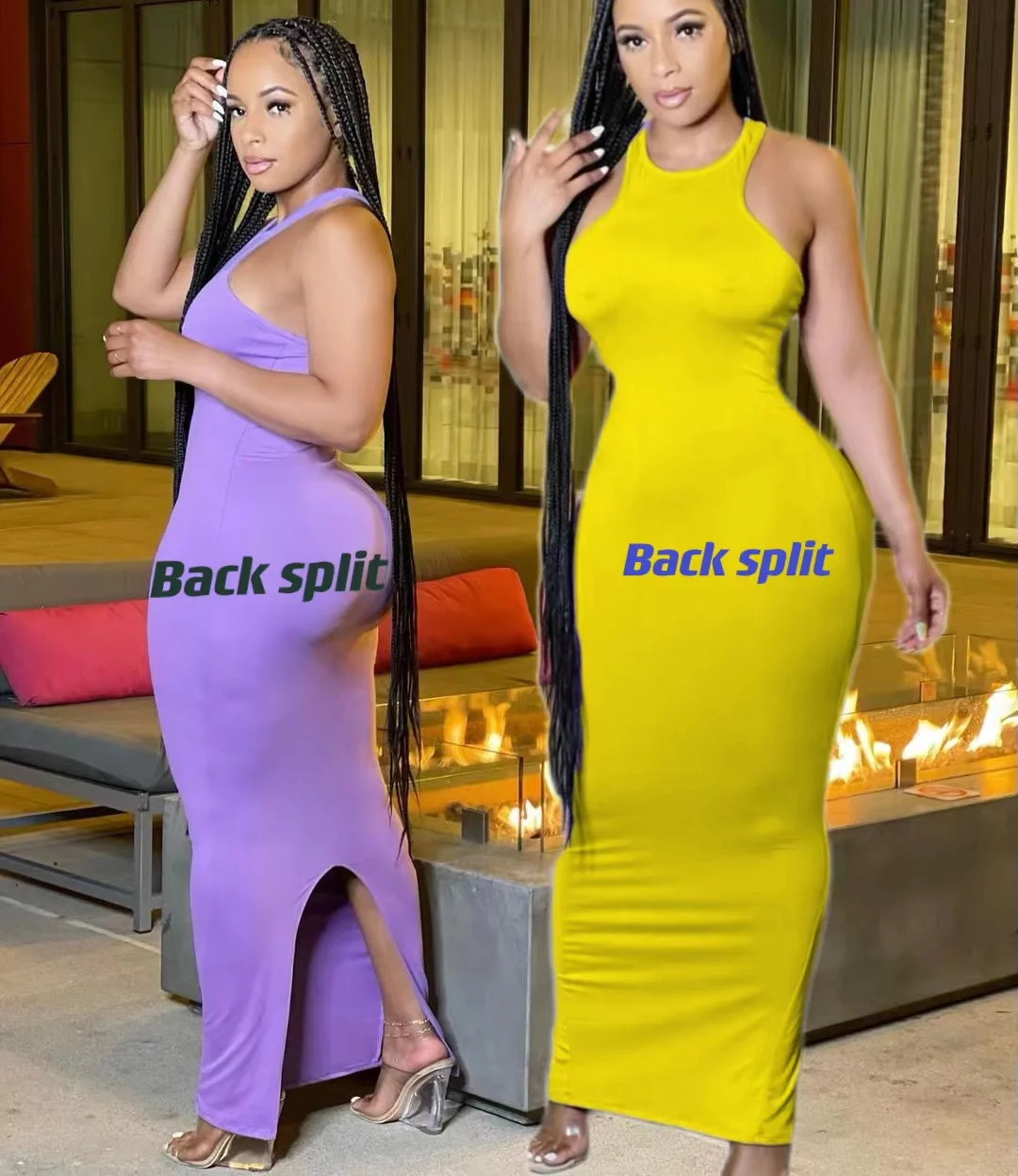 summer polyester spandex sleeveless long modest maxi dress ladies 2023 back split party lounge wear dress for women s clothing