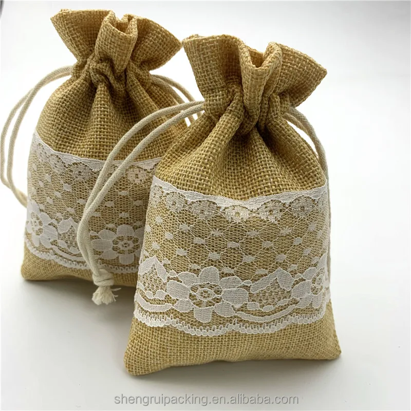 Weddings Receptions Jute Burlap Sack Favor Bag 4'x 6' Natural Jute Bags With Lace