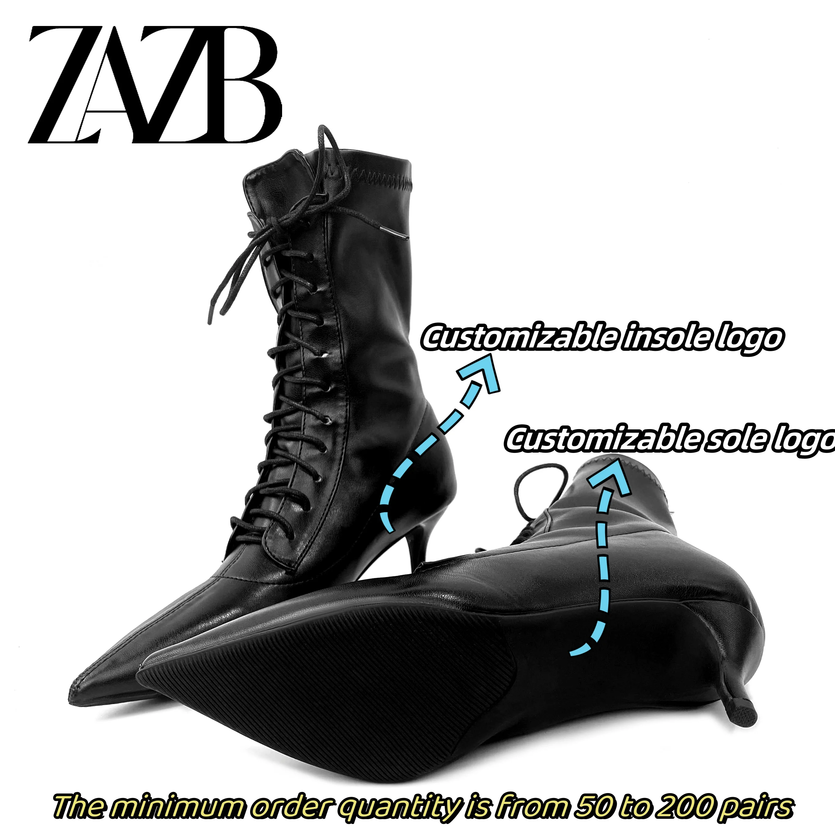 New Winter Autumn Black Stiletto Boot Leather Pointed Toe Ladies Boots High Heels Middle Cylinder Booties Women Lace up