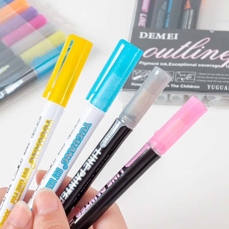 Double Line Pen,  8/12 Dream Color Outline White Handle Pens Highlight Markers Gift Cards Drawing Writing Pens