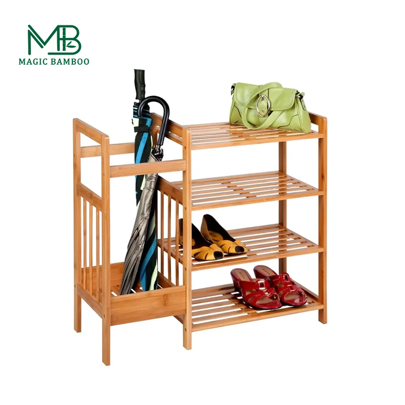 Wholesale Large  4-Tier Bamboo Multifunctional Shoe Rack with Umbrella Holder & Storage