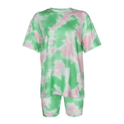 Trendy Colorful Printed T Shirt And Short Tie Dye Two Piece Set Streetwear Homewear Casual Loose Tie Dye Tracksuit Short Sets