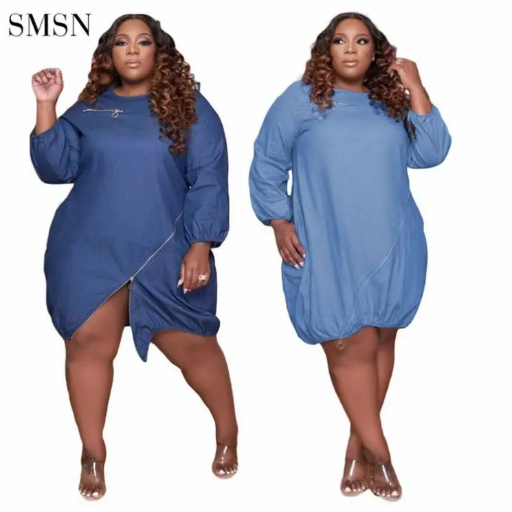 FONDPINK Fashion 2021 Puff Sleeve Zipper Fly Designer Jeans Dresses Autumn Fat Women Lantern Casual Loose Denim Plus Size Dress