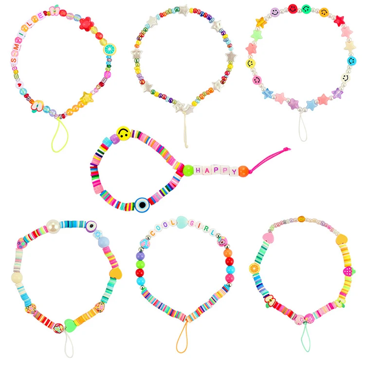 Fashionable Cute Polymer Clay Beaded Mobile Phone Charm Straps with Smiling Face for