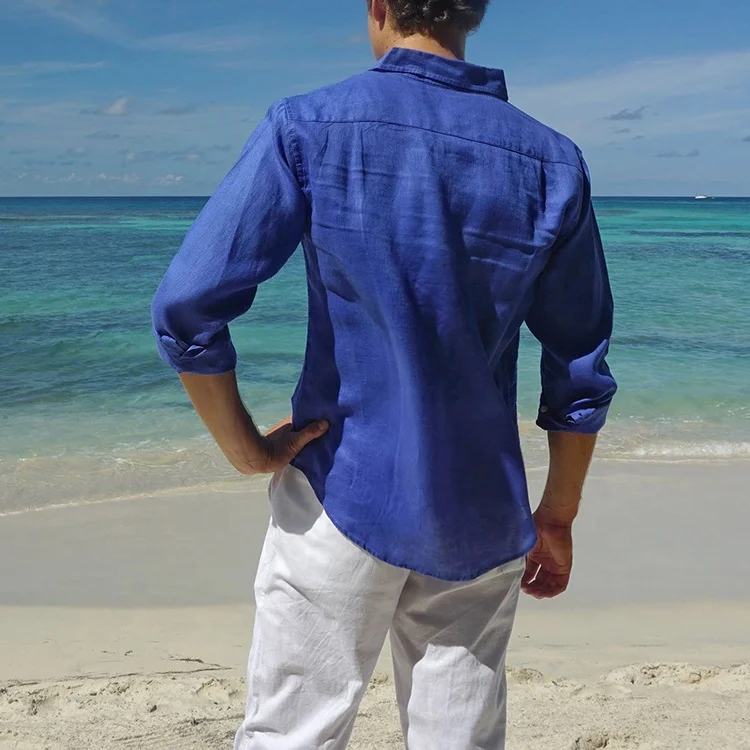 Custom High Quality Mens Shirts Summer Designer Oversized Long Sleeve Slim Beach Casual Black Men Pure Linen Shirt