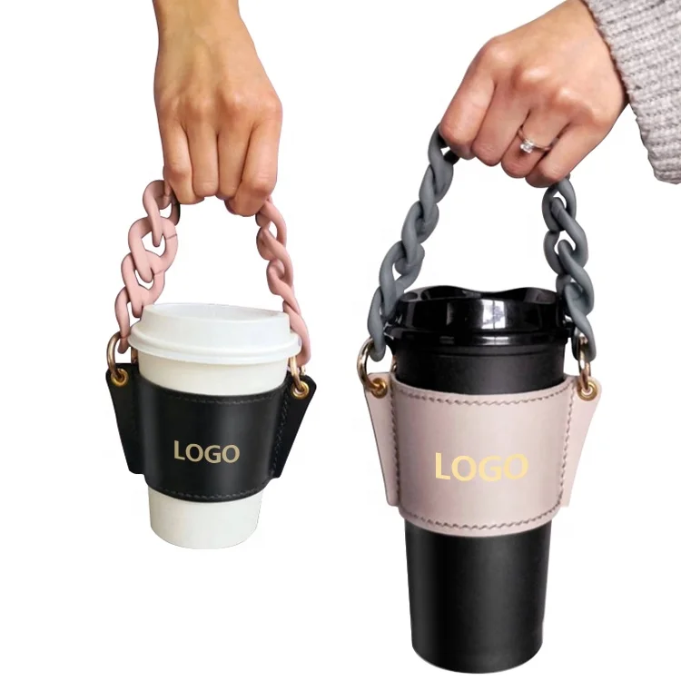 2024 Hot sale Handmade Coffee Cup Sleeve Holders custom logo PU leather cup holder Milky Tea Cup holder With Acrylic Chain Strap