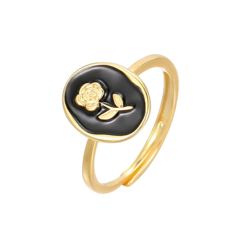 French Premium Black Drip Glaze Rose Ring S925 Silver Metallic Vintage Flower Ring for Women Fine Jewelry Rings