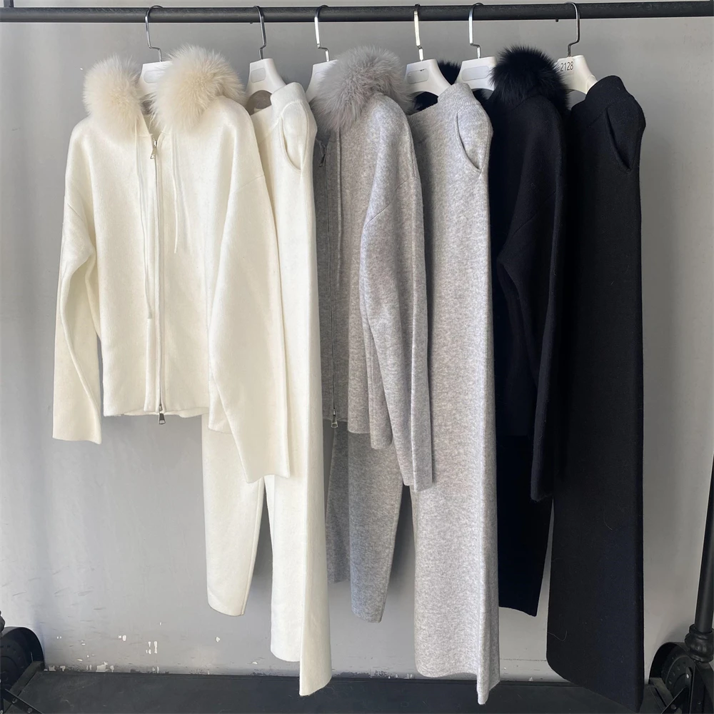 Fall Outfits Luxury Real Fur Collar Hooded Cardigan Long Wide Leg Pants Custom Winter Soft Wool Knit 2 Piece Sweater Set Women