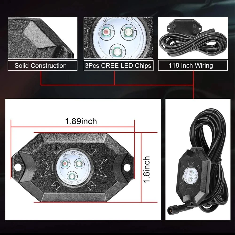 4/6/8 In 1 RGB LED Rock Lights Blue tooth Compatible APP Control Music Sync Car Chassis Light Undergolw Waterproof rock RZR