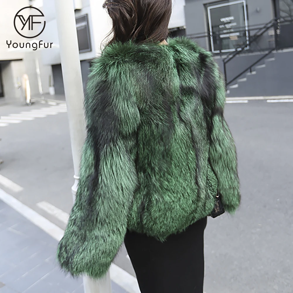 Women winter overcoat whole skin green real silver fox fur flat natural fox fur coat