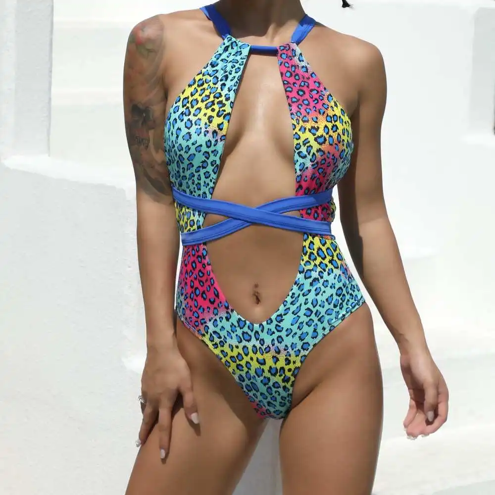 Custom logo Color leopard print halter strap one-piece swimsuit Sexy Bikini  Beachwear