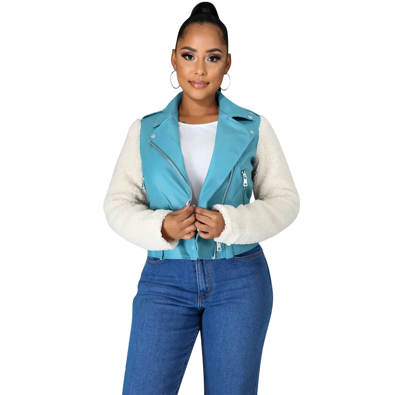 
Custom Pu Leather Motorcycle Jacket Women Zipper Turndown Collar Thick Waterproof Fleece Jacket 