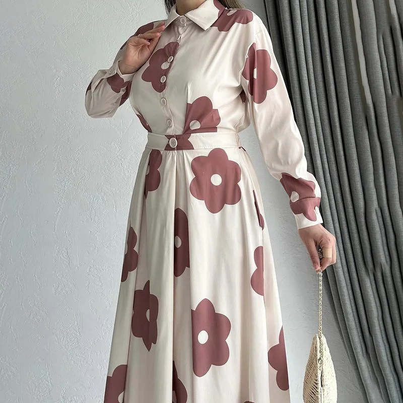 European And American Collar Printed Long Skirt Autumn High Waist Slim Fit Elegant Long Sleeved Dress
