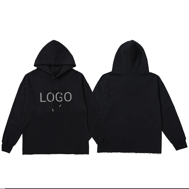 Streetwear Oversized No Strings Print Sweatshirts Cotton Cut Edges Raw Hem Hoodie Men Blank Plain Oversized Hoodies