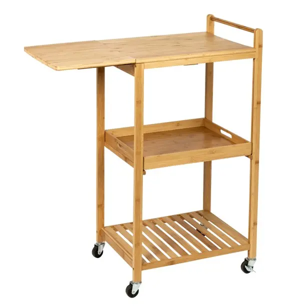 Foldable Bamboo Rolling Kitchen Island Cart Storage Trolley Cart Rolling Wood Cart With Wheels