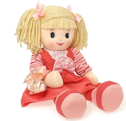 BSCI Fashion Blond Hair Plush Doll with Pink Dress Stuffed Rag Doll