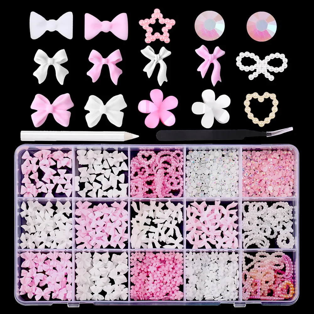 15Grids Kawaii Heart Flower Bear Pearl Design Nail Art Charms Jewelry Manicure Accessories Mixed Decorations
