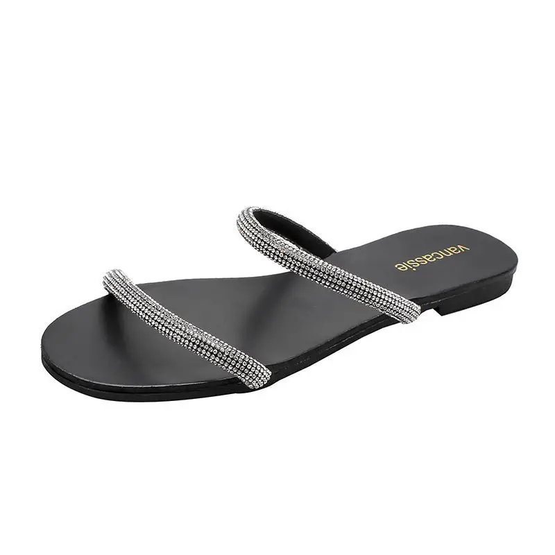 Band Flat Slippers Sandal Rubber Sole Crystal in Stock Hot Selling Fashion Outdoor Summer Women PU Summer Shoes