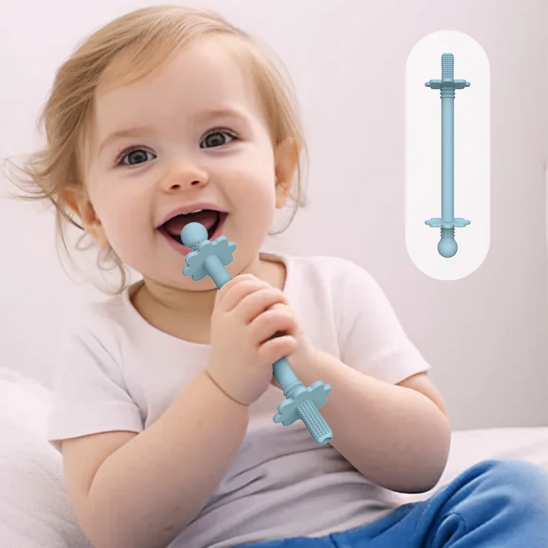 Manufacture Custom Child Silicone Teether With Brush Teething Shaped Toothbrush Stick For Baby