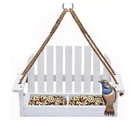White Swing Wild Bird Feeder for Outside Metal Mesh Bottom Cute Bench Bird Feeder or Squirrel Feeder for Yard