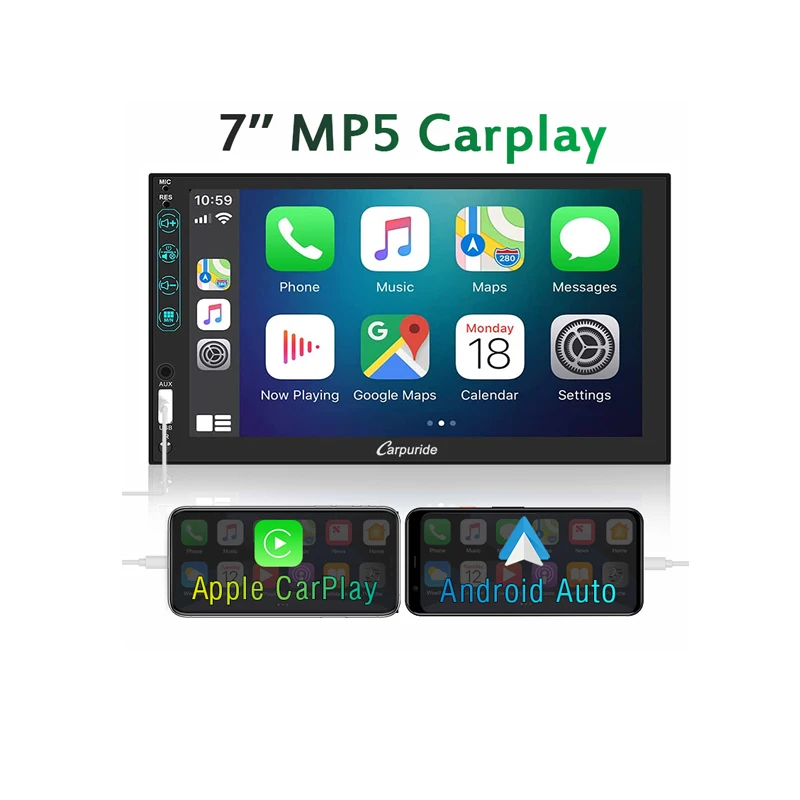 7 Inch with waterproof 1080p Back camera Double Din Car Stereo Carplay and Android Auto Touch Screen Car Audio Receiver MP5